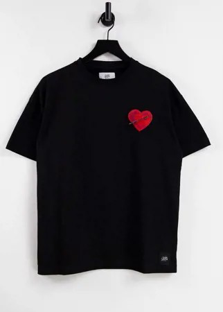 Черная oversized-футболка с вышитой накладкой в виде сердца Sixth June-Черный цвет