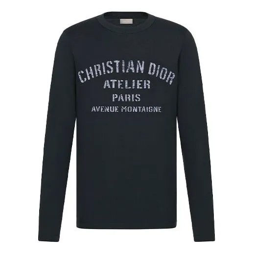 Футболка DIOR Letter Print Round Neck Long Sleeve For Men Navy, синий
