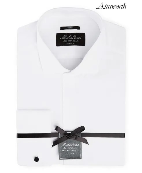 Лондонская мужская рубашка-смокинг классического/классического кроя из эластичной однотонной ткани с французскими манжетами Michelsons, белый
