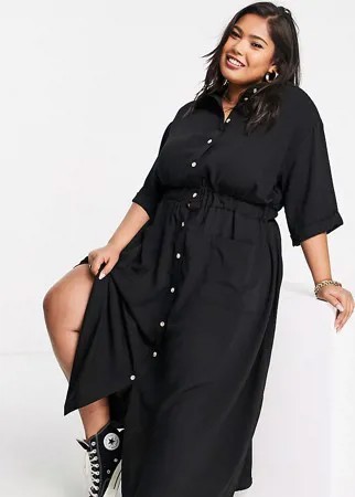 Платье-рубашка миди на пуговицах с эластичным поясом черного цвета ASOS DESIGN Curve-Черный цвет