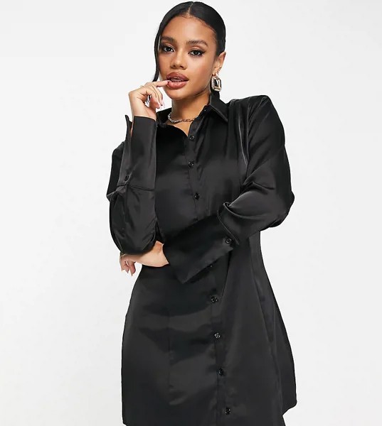 Черное атласное платье-рубашка с широкими манжетами Missguided-Черный