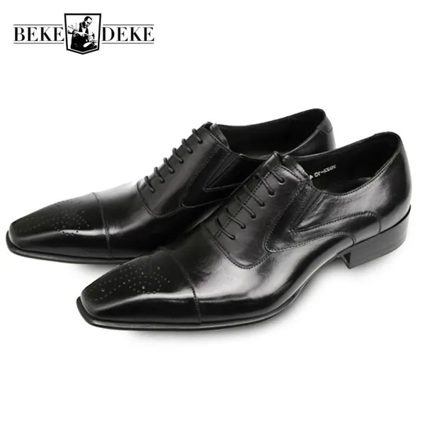 Туфли мужские классические из натуральной кожи, итальянские модные деловые оксфорды, броги с закрытым носком, свадебная обувь, черные, 2023