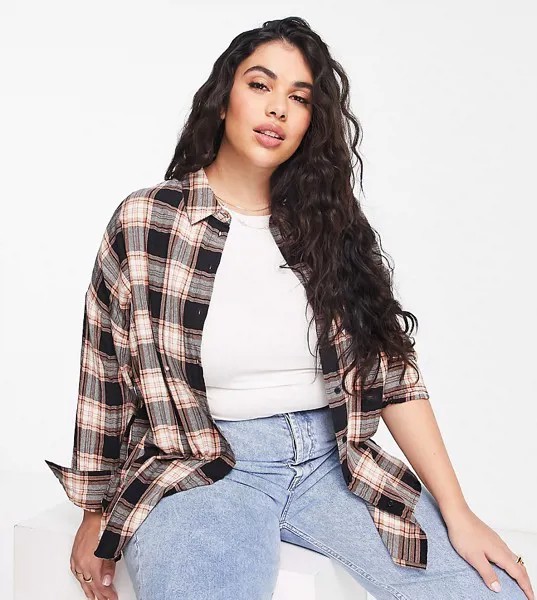 Рубашка бойфренда в стиле oversized в бежевую клетку Simply Be-Светло-бежевый цвет