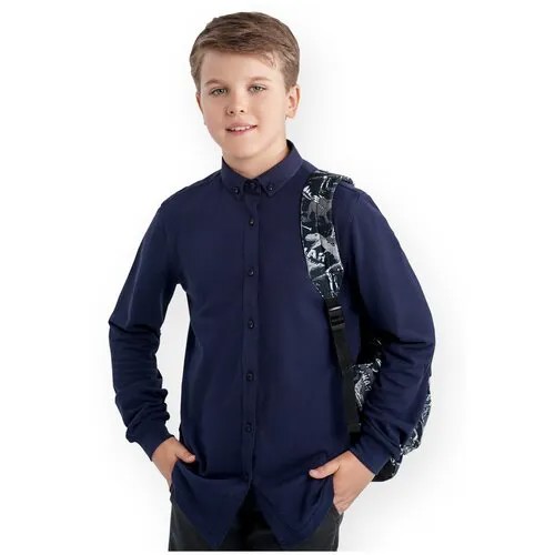 Школьная рубашка Winkiki, прямой силуэт, на пуговицах, длинный рукав, без карманов, манжеты, трикотажная, однотонная, размер 146, синий