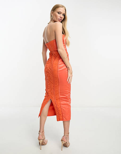 Оранжевое платье миди со сборками и атласной вставкой ASOS DESIGN
