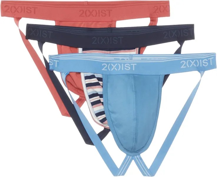 Трусы 2(X)IST 3-Pack Cotton Stretch No Show Brief, цвет Mineral Red/Multi Stripe/Lichen Blue