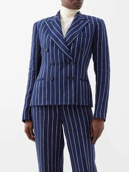 Двубортный льняной пиджак в тонкую полоску Polo Ralph Lauren, синий