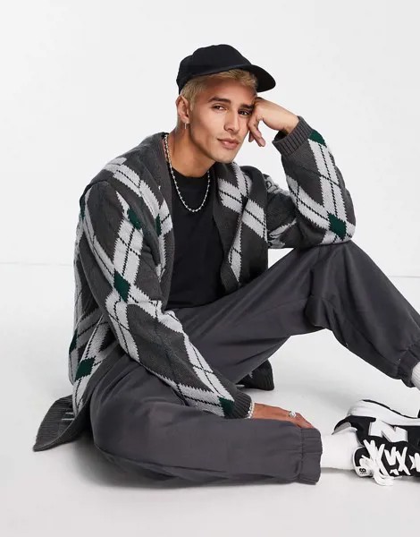 Серый трикотажный кардиган с ромбовидным узором ASOS DESIGN