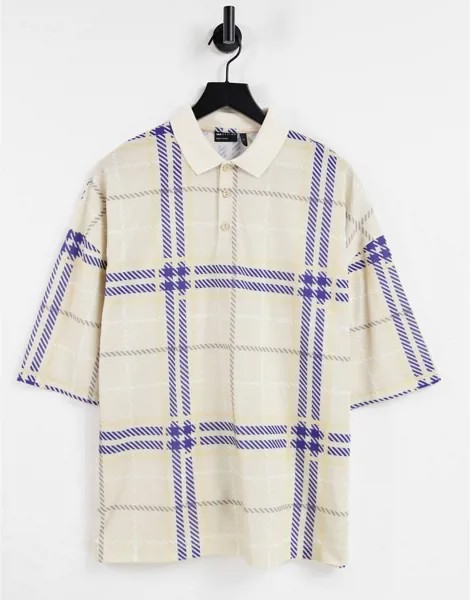 Бежевая футболка-поло в стиле oversized со сплошной клеткой ASOS DESIGN-Светло-бежевый цвет
