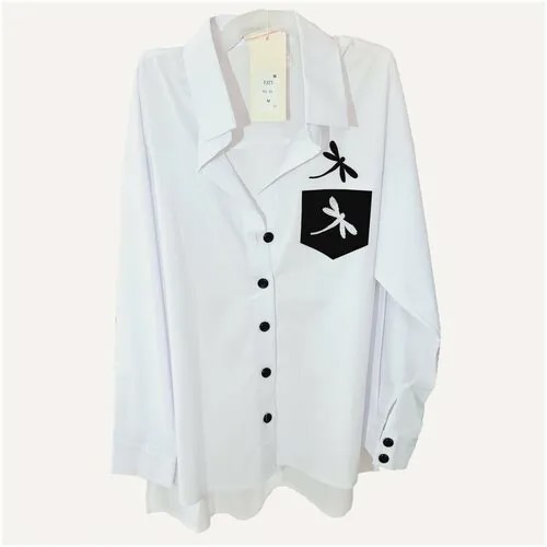 Школьная блуза Без бренда, на пуговицах, длинный рукав, карманы, размер 164, белый