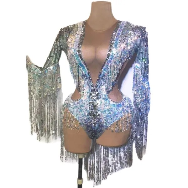 Телесный прозрачный сексуальный блестящий серебряный стразы женские боди с кисточками трико танцевальный костюм для шеста костюм для бара одежда для диджея