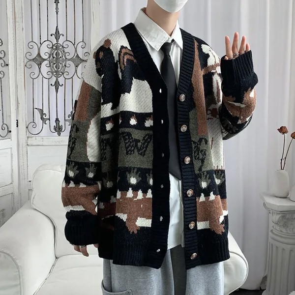 Осенне-зимний Кардиган в стиле пэчворк, мужской свитер в гонконгском стиле, винтажный Повседневный Свободный вязаный свитер, пальто