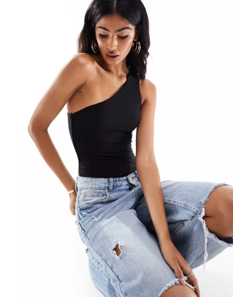 Черное двухслойное боди на одно плечо ASOS Design