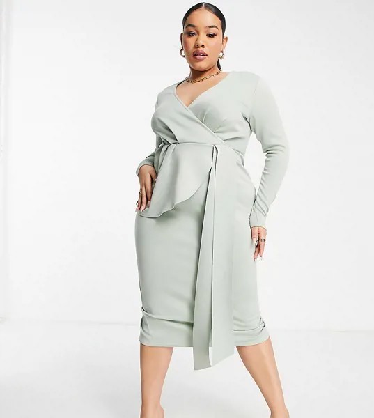 Шалфейно-зеленое облегающее платье миди с запахом и завязкой ASOS DESIGN Curve-Зеленый цвет