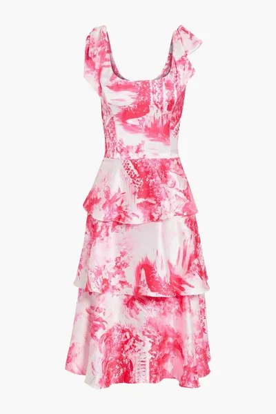 Ярусное атласное платье с бантом и принтом MARCHESA NOTTE, розовый