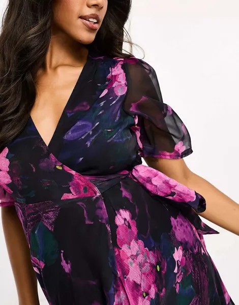 Платье макси с запахом и развевающимися рукавами Hope & Ivy для беременных фиолетового цвета с цветочным принтом Hope & Ivy Maternity