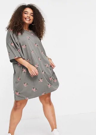 Серое платье-футболка в стиле oversized со сплошной цветочной вышивкой ASOS DESIGN Curve-Серый