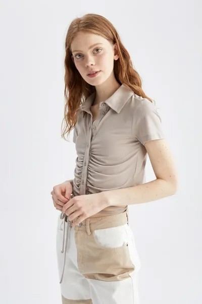 Рубашка с короткими рукавами и завязками на талии DeFacto, бежевый