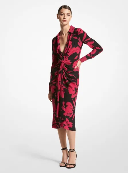 Платье-рубашка из шелкового крепдешина с глубоким вырезом и цветочным принтом Brushstroke Michael Kors, черный