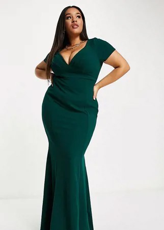 Платье макси изумрудного цвета с юбкой годе Goddiva Plus-Зеленый цвет