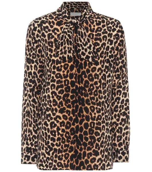 Шелковая блузка с леопардовым принтом SAINT LAURENT, коричневый