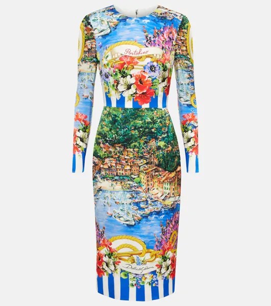 Платье миди из смесового шелка с принтом Portofino DOLCE&GABBANA, разноцветный