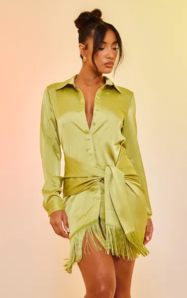 PrettyLittleThing Платье-рубашка из атласа салатового цвета с драпировкой и кисточками по краю