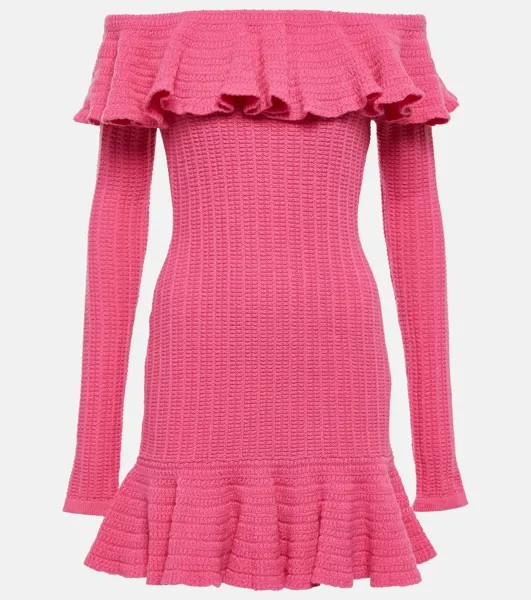 Шерстяное мини-платье с открытыми плечами и оборками BLUMARINE, розовый