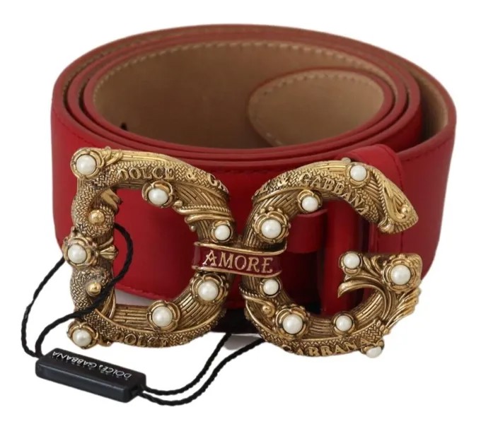 DOLCE - GABBANA Ремень красный кожаный золотой AMORE Пряжка с логотипом 80 см / 32 дюйма