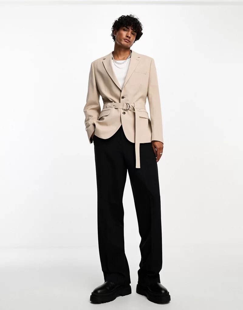 Серо-коричневый приталенный пиджак с поясом и тонкой структурой ASOS