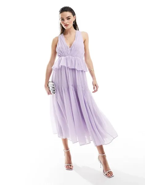 ASOS DESIGN — плиссированное каскадное платье миди с глубоким вырезом приглушенного сиреневого цвета