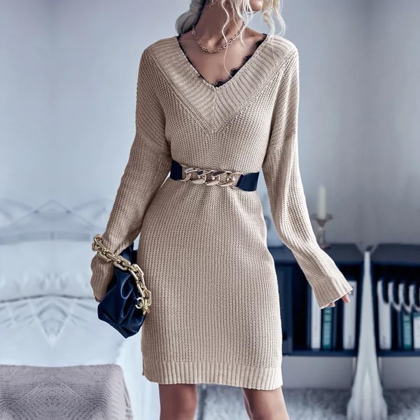 Платье-свитер с кружевной вставкой без пояса
