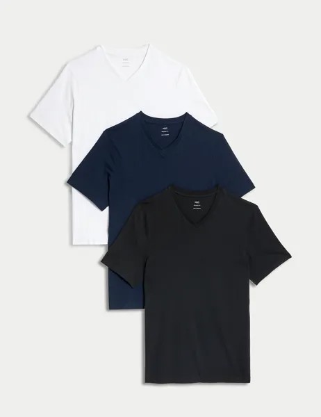 3 пары футболок из чистого хлопка с v-образным вырезом Marks & Spencer