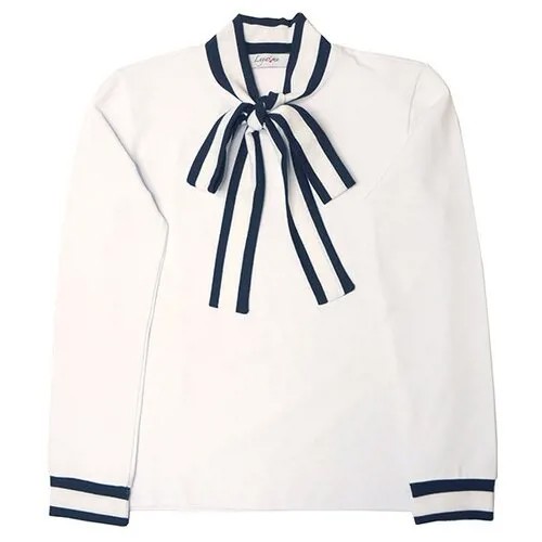Трикотажная белая школьная блузка с контрастным бантом и манжетами 152