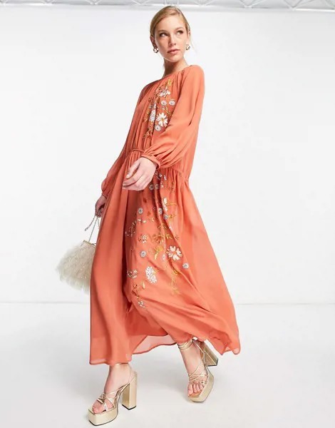 Мягкое платье макси рыжего цвета с вышивкой ASOS DESIGN-Красный