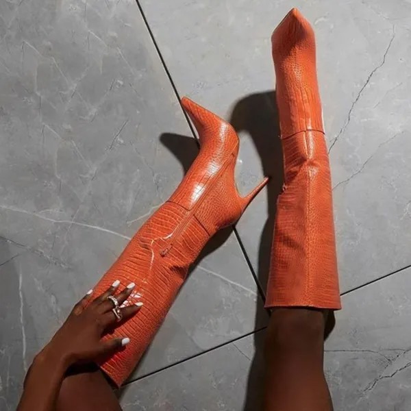 Женские сапоги на шпильке, оранжевые сапоги до колена с острым носком, на молнии, однотонные модельные сапоги с камнями