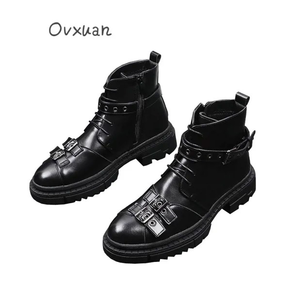 OVXUAN черные кожаные ботинки мужские ботинки на ремень с пряжкой блочный Клин каблук Винтажные ботинки в стиле панк