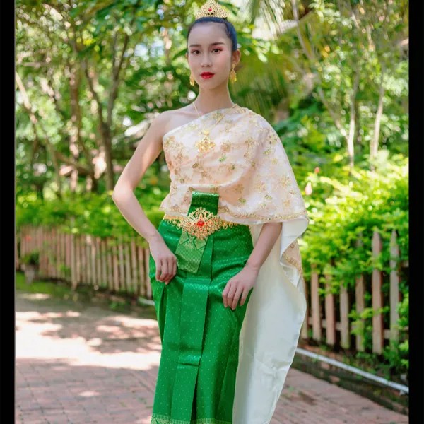 Традиционные фигурки Тайланда одежда для женщин зеленый топ на одно плечо Pha Sin шаль Ресторан Добро пожаловать ежегодная встреча костюм тай...