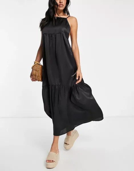 Эксклюзивное черное ярусное платье макси с глубоким вырезом на спине Esmée для лета