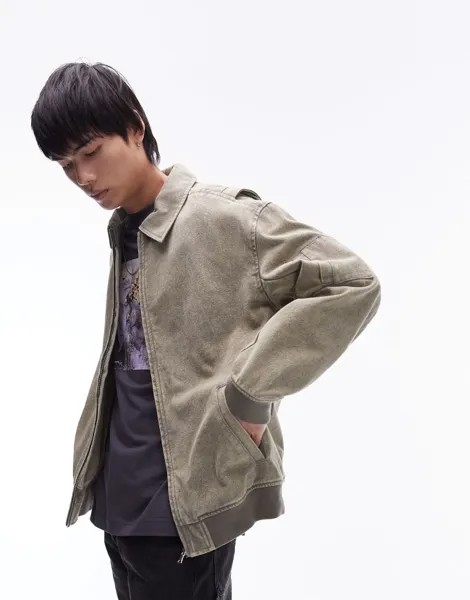 Topman — джинсовый бомбер цвета хаки с эффектом потертости