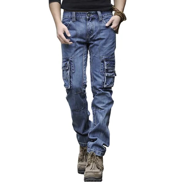 Мужские уличные джинсы-карго, зауженные прямые брюки из денима с несколькими карманами, прямые потертые