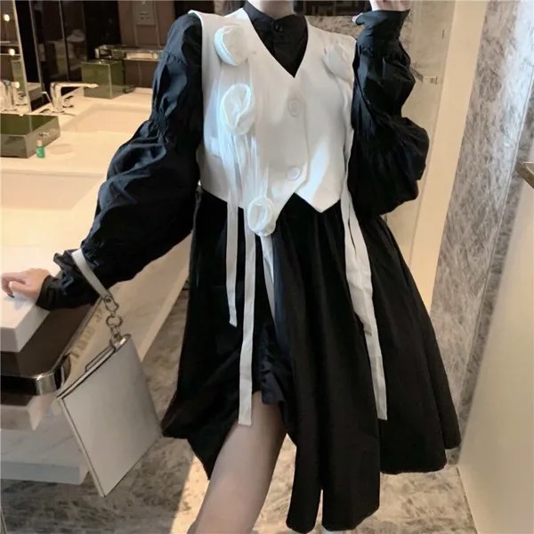 Корейская Мода Vestidos женский 2 шт платье костюм милый комплект из двух частей платье длинная рубашка платье + Цветок ленточный жилет юбка кос...