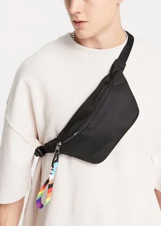 Черная сумка-кошелек на пояс с текстовым логотипом и ремешком с символом движения 