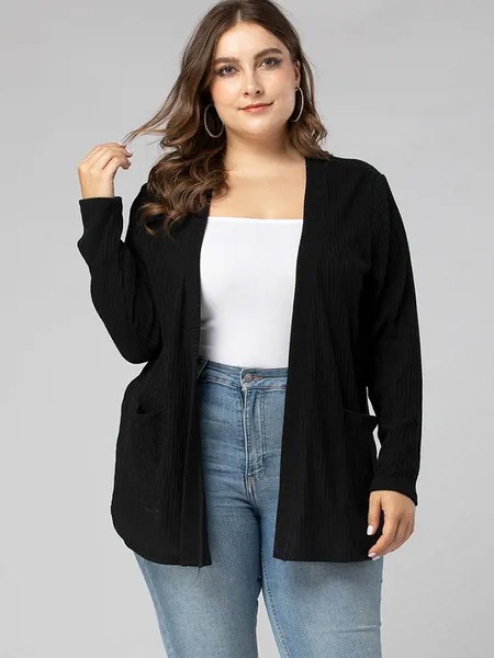 Milanoo Plus Size Overcoat For Women V-Neck Long Sleeves Polyester Casual Black Coats