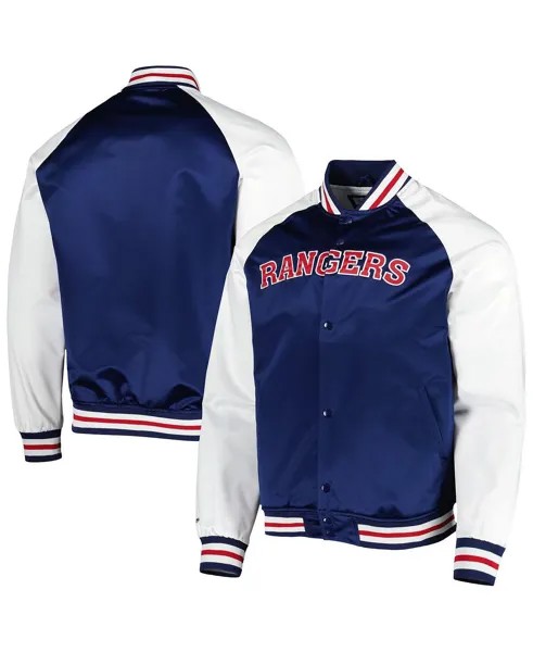 Мужская синяя, белая атласная куртка с застежкой на пуговицы New York Rangers Primetime Raglan Mitchell & Ness