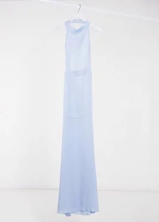 Голубое атласное платье макси с высоким воротником Missguided-Голубой