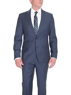 Однотонный шерстяной костюм светло-синего цвета с двумя пуговицами приталенного кроя