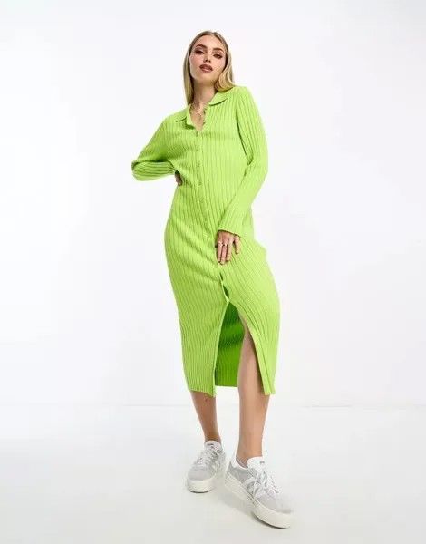 Зеленое платье макси в рубчик Monki с воротником-поло