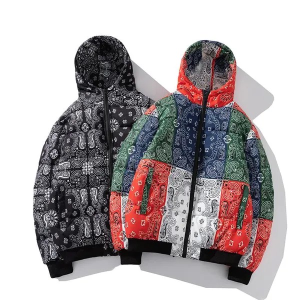 Зимние пуховики Пальто Parka Bandana Paisley Pattern Harajuku Hip Hop Куртки с капюшоном для мужчин Верхняя одежда Ветровка Уличная одежда