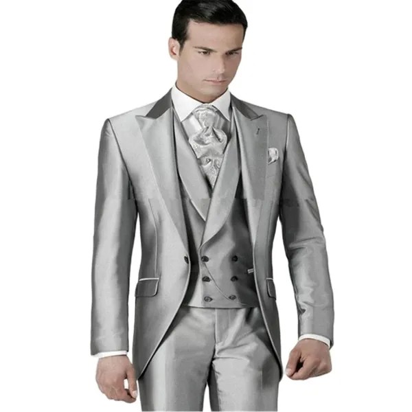 Новый мужской костюм Smolking Noivo Terno, приталенные вечерние костюмы Easculino для мужчин, серебристые смокинги для выпускного вечера, пиджак + брюки + ...
